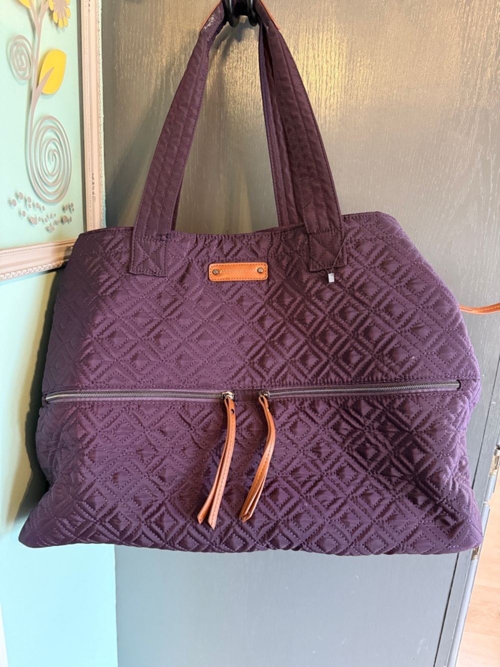 Adrienne Vittadini Plum Quilted Travel Tote with Leather Accents